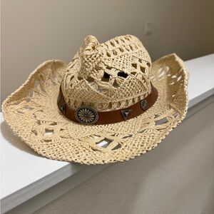 Beige Crochet Cowboy Hat with Brown Band